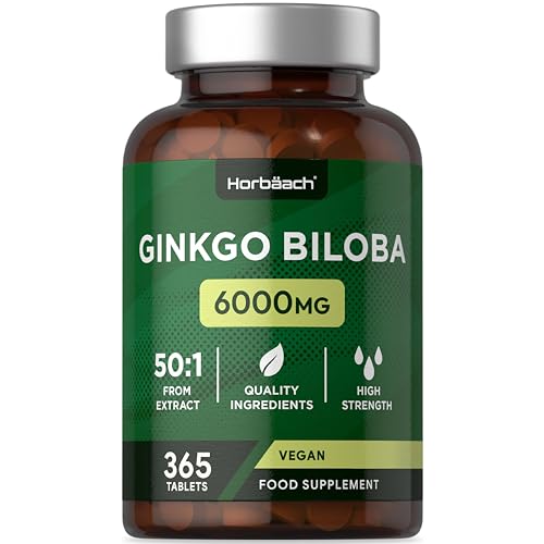 Ginkgo Biloba 6000 mg Hochdosiert | 365 Vegane Tabletten - 1 Jahr Vorrat | Premium Qualität Gingko | Natürlich | 50:1 Extrakt | von Horbaach