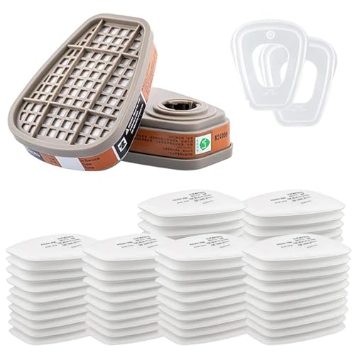 6001 Filter für Atemschutzmaske, 60 Stück Filterpatronen + 2 Filter und 2 Abdeckkappen, Organic Vapor 6001 Patronen Chemischer Farbfilter Kompatibel mit 6100, 6200, 6300, 7502, 6800 usw.