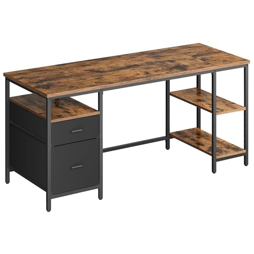 VASAGLE Computertisch, Bürotisch, Schreibtisch, mit 3 Ablagen, 2 Schubladen, 60 x 160 x 76 cm, fürs Büro, Wohnzimmer, Industrie-Stil, vintagebraun-schwarz LWD105K01