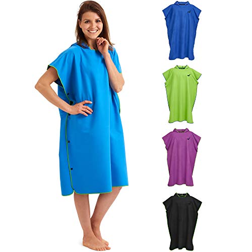 Fit-Flip Strandponcho für Surfer - Poncho Handtuch schnelltrocknend - Surf Poncho Mikrofaser - Umkleidehilfe Strand - Surfponchos Ultraleicht - Badeponcho für Erwachsene (Größe L, Blau/Grün)