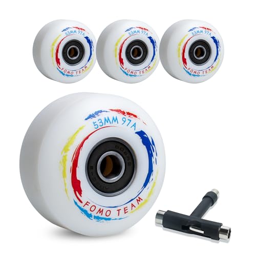 FOMO Team Skateboard Rollen Skateboard Räder, 53X33 mm, 97A, 4Stück, Straßenräder mit ABEC-9 Kugellagern mit T-Tools für Skateboard-Ersatzräder
