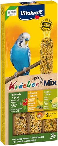 Vitakraft Kräcker Mix, Vogelsnack, für Wellensittiche, Knabberstangen, mit Kräutern und Paprika, mit Kiwi und Citrus, mit Banane und Sesam, ohne Zusatz von Zucker (1x 3 Stück)