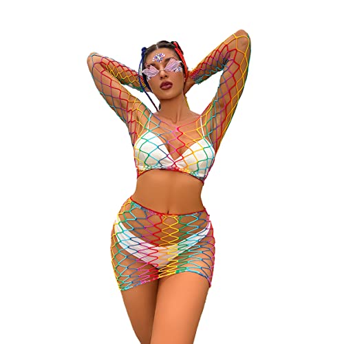 Damen Regenbogen Durchsichtig Fischnetz Schulterfrei Langarm Crop Top Mini Rock Set Babydoll Bunte Mesh Netz Bodycon Rave Festival Gogo Clubwear Nachtwäsche Reizwäsche Negligee Dessous Top + Rock