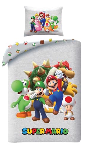 Bettwäsche Super Mario 135x200 + 80x80 · Mit Mario, Luigi, Toad, Peach, Wario & Yoshi · KinderBettwäsche Set 2-teilig Bettbezug + Kissenbezug · Deutsche Größe · Microfaser