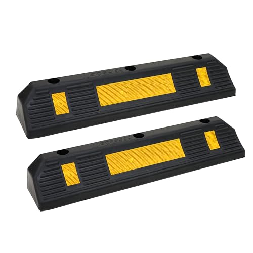 PETEX 2X Radstopper/Garagenstoppper mit gelben Reflexionsstreifen nach ECE R 104 für Garage und Parkplätze, 58,7 x 12 x 9,5 cm, Einparkhilfe aus Gummi, schwarz