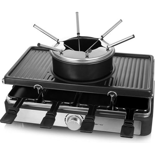 Emerio Partyspaß für bis zu 8 Personen mit dieser 3-in-1-Kombination aus Raclette Grill und Käse-Fondue für ein vielfältiges Grillvergnügen inkl. 8 Pfännchen 8 Spachtel 6 Fondue-Gabeln -> BPA frei