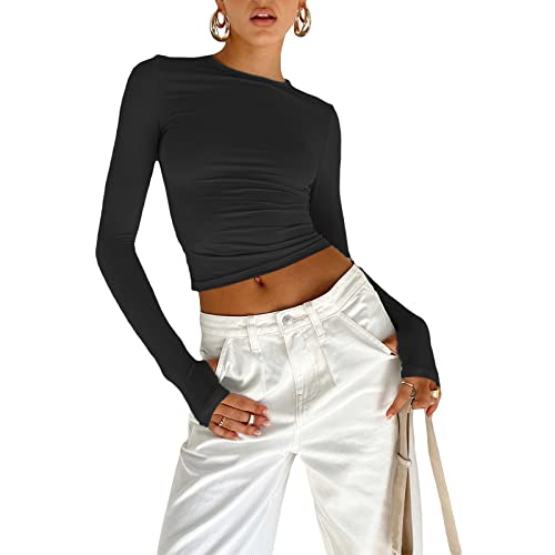 OYIGELZ Langarmshirt Damen Basic T-Shirt Langarm Crop Top Y2K Slim Fit Oberteile Casual Rundhals Tee Shirt(Schwarz,L)