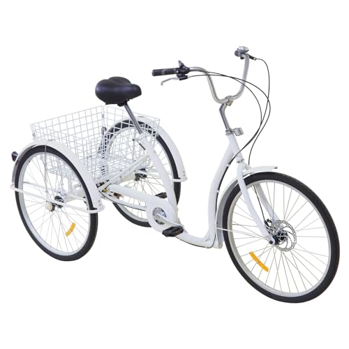 LANNADD 26 Zoll Erwachsene Dreirad, 6-Gang 3 Räder Mit Einkaufskorb Weiß Dreirad, Dreirädriges Fahrrad Senioren Städtisches Dreirad Gut Geeignet für Städte Strände Radwege und Alle Arten Von Straßen
