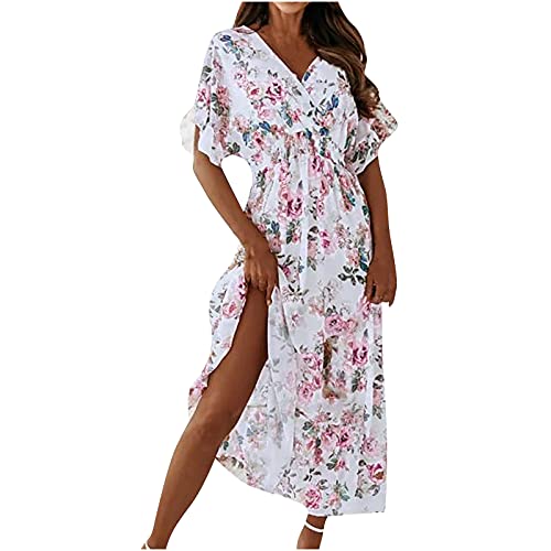 Sommerkleid Damen elegant Strandkleid gothic Geblümt boho sexy Modekleid Kurzarm V-Ausschnitt Blumendruck Strand Freizeit Langes Kleid Kurzarm Crew Neck Oberhalb des Knies Knielang Teelang White L