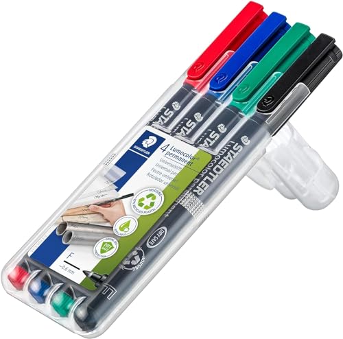 STAEDTLER permanenter Universalstift Lumocolor, wisch- und wasserfest, sekundenschnell trocken, nachfüllbar, F-Spitze - Linienbreite 0,6 mm, 4 Marker in sortierten Farben, 318 WP4