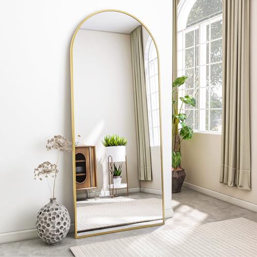 Koonmi Standspiegel mit gewölbtem Top, 171 x 76 cm Groß Bogenspiegel mit robustem Glas, an der Wand montierter Ganzkörperspiegel, Anlehnen oder Freie Platzierung mit Klammer, Gold