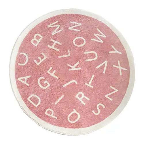 TROYSINC Kinder Teppich, Runde Waschbare Babyteppich, Weich Kunstfell Mädchen Kinderteppich mit Alphabet Rutschfeste Kindermatte für Kleinkinderzimmer (Rosa,Durchmesser 120 cm)