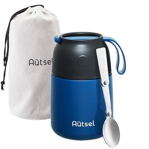 Autsel Thermobehälter für Essen 500 ml, Edelstahl Warmhaltebehälter Thermobecher, Thermo Essensbehälter mit Löffel und tragbaren Isolierbeutel