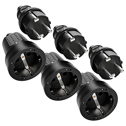 greate 3x Schuko Stecker Kupplung 230V Aussenbereich - Gummistecker Kupplung Set mit Knickschutz, 2-polig, 230V, 16A & 3,7kW - IP44 Stecker und Kupplung 230V schwarz für Außenbereich - Schukostecker