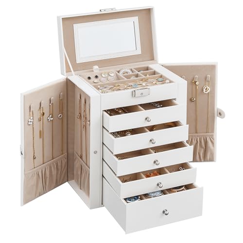 SONGMICS Schmuckkasten, große Schmuckschatulle mit 6 Ebenen, Schmuckkästchen mit seitlichen Klapptüren, Schubladen, Spiegel und Verschluss, für Ringe, Ohrringe, weiß JBC152W01