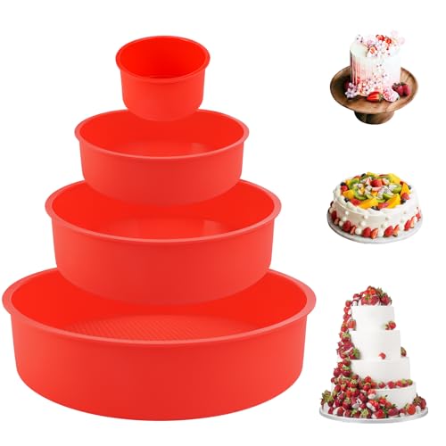 Silikon Backform Rund, 4 Stück Backform Silikon Rund Silikon Kuchenformen Kuchen Silikonform Set Antihaft Kuchenform Rund Silikon für Schichtkuchen, Käsekuchen, Regenbogenkuchen und Chiffonkuchen