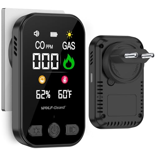Wolf-Guard 4in1 Gas- und CO-Melder mit Stecker für Haus, Kohlenmonoxidmelder CO-Warnmelder Zuhause, Gasmelder Brenngaswarnmelder Gasleckmelder für Erdgas LPG Methan Propan Butan, Weiß, HD12 (schwarz)