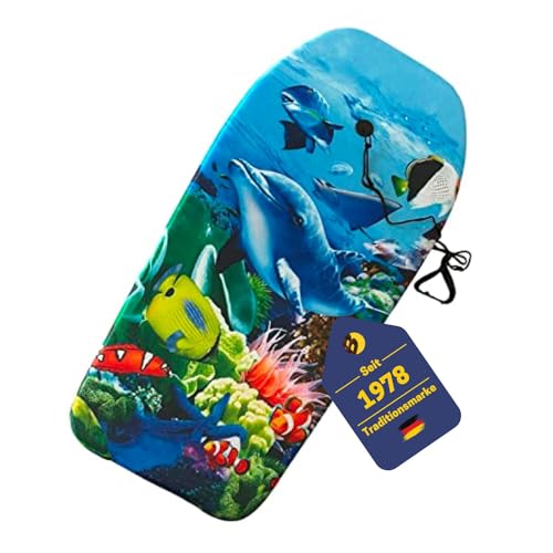 BEST SPORTING Bodyboard Kinder – Leichtes Surfbrett für Strand, Meer & Schwimmbad | 92 x 46 x 5 cm | In verschiedenen Designs | Inkl. Leash für sicheren Halt (Delfin)