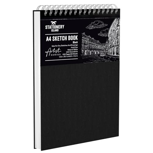 STATIONERY ISLAND Skizzenbuch A4 200 g/m² Zeichenblock 100 Seiten (50 Blatt) Spiralgebundenes Skizzenblock Zeichenpapier Zeichnungen, Skizzen für Künstler und Profis