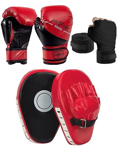 Mamxwaga 6 oz Kinder Boxhandschuhe und Box Pratzen Set, PU Handpratzen Boxpratzen Boxpads Mitts mit Boxbandage, Schlagpolster für Junior Kampfsport Kickboxen Muay Thai Kick Boxen Training