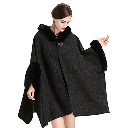 Cool&D Damen Poncho Cape Winter Umhang Tweed Jacken mit Kunstfell Kragen Kunstpelz Stolen