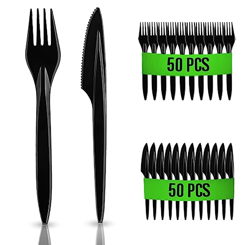 RAGO® Wiederverwendbaren Plastikbesteck Set 100 Stück PREMIUM Campingbesteck I Robust Reisebesteck Outdoor Besteck I Plastikbesteck Mehrweg- Schwarz - 50 Gabeln/50 Messer