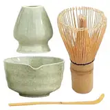 Matcha Set, Matcha besen, Matcha Schneebesen, Matcha Schneebesen Set, Keramik Matcha Kit, inklusive Matcha Schüssel mit Auslauf, Matcha Schneebesen Halter, Bambus Schneebesen und Bambus Schaufel