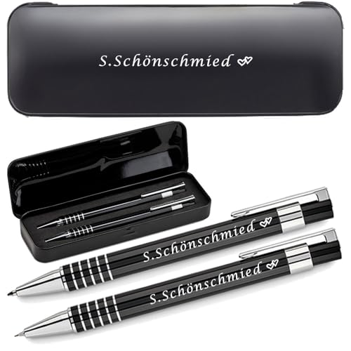 Schreibset mit Kugelschreiber & Druckbleistift aus Aluminium mit Gravur | blau schreibender Kugelschreiber | personalisiertes Schreibset | Geschenkbox mit Gravur | Gravierter Kugelschreiber mit Name