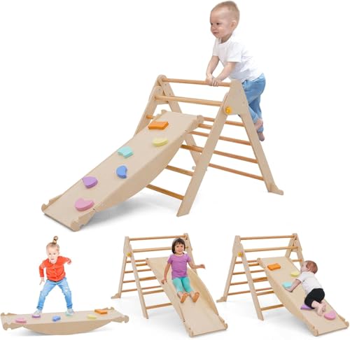 Kletterdreieck mit Rutsche, Faltbares Holz Klettern Spielzeug Indoor Outdoor Set, Kleinkind Pikler Dreieck Set mit Schieberampe