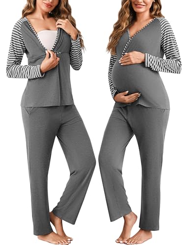 Bresdk Stillpyjama Damen Lang Zweiteiliger Schlafanzug Langarm Umstands Stillschlafanzug Baumwolle Pyjama Stillfunktion Geburt Set Maternity Pyjama Grau L