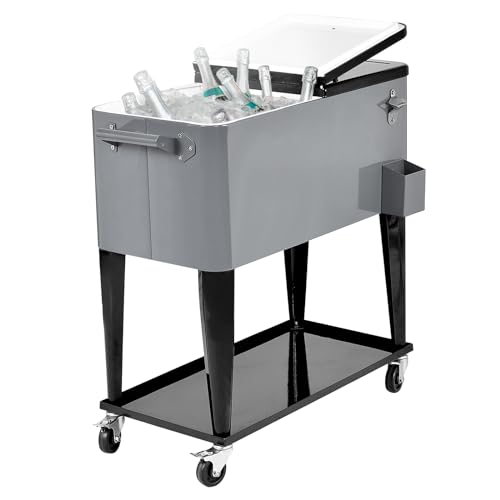 GYMAX 76L Kühlwagen, Getränkekühler mit 4 Universalrädern, Ablage & Flaschenöffner, Kühlbox mit Doppeldeckel, Thermobox, Getränkekühler für Garten, Terrasse & Balkon (Silber)