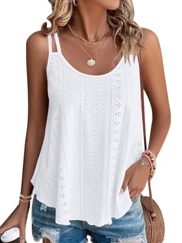 WNEEDU Weiß Damen Tank Top Sommer Spaghetti Cami Oberteile Ärmellose Rundhalsausschnitt Shirt Blusen Tops Weiß L