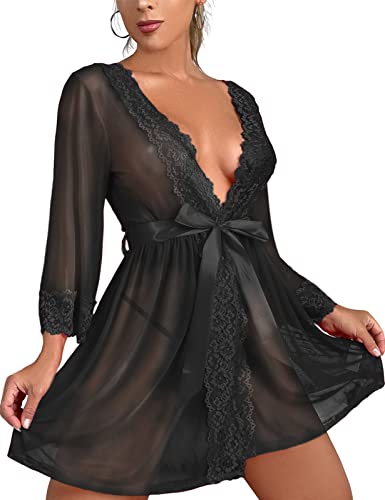 Tuopuda Negligee Damen Sexy Dessous Babydoll Nachtwäsche Tiefer V-Ausschnitt Nachthemd Spitze Nachtkleid Unterwäsche Set Reizwäsche Kimono Morgenmantel Kurz Robe mit Gürtel, Schwarz, XL