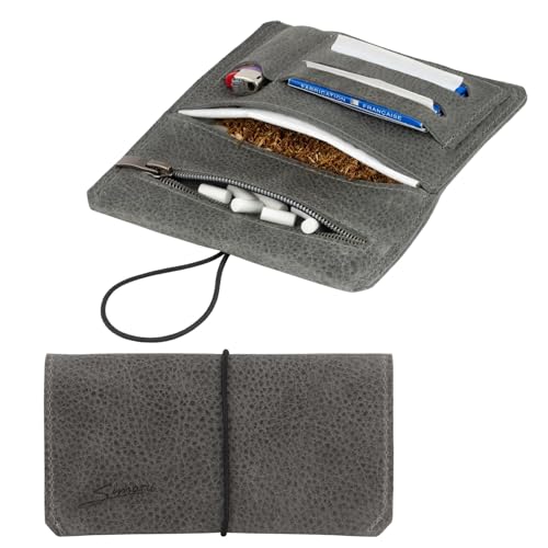 Tabaktasche aus Leder für 30g Tabakbeutel, Echtleder Dreher-Tasche inkl. Filterfach und Plättchen-Halter (Dunkelgrau)