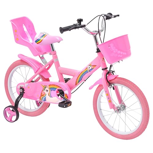 Baroni Toys Kinderfahrrad mit rosa Einhorn, 40,6 cm (16 Zoll), mit Puppenhalter und Rädern, Stahlfahrrad mit Korb für Mädchen, Rosa, von 4 bis 7 Jahren, Maße