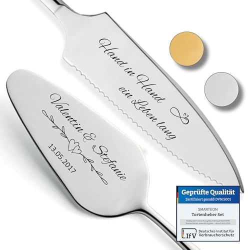 SMARTEON Cake-Server Set Hand in Hand mit Tortenmesser und Personalisierter Gravur – Hochzeitsgeschenke für Brautpaar, Geburtstag, Jubiläum, Geschenkidee für Paare – Silber Set in Geschenkbox