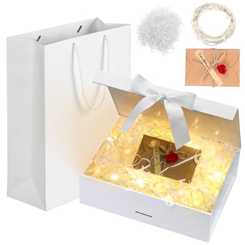 Idota Geschenkbox mit Deckel, Geschenkschachtel Schwarz, Geschenkkarton mit Schleife, Tasche, Farbband, Licht, Raffia, Grußkarten,Geschenkboxen für Hochzeit Geburtstag Weihnachten Jubiläum (Weiß M)