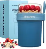 Müslibecher to Go,560ml+230ml Joghurtbecher to Go Kinder mit Löffel,Müsli Cup to Go Becher,Cornflakes to Go,Müslibecher Müslidose Müslischale Frühstücksdose Müslibox,Joghurt to Go Becher (Blau)