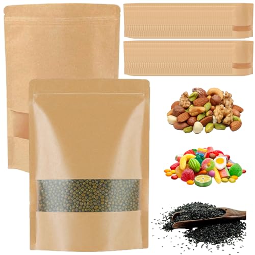 Kraftpapierbeutel mit Fenster -Stand -up -Beutelbeuteln, Reißverpackungsspeicher für Verpackungsprodukte, wiederverwendbare, dichtbare 100 -PCs