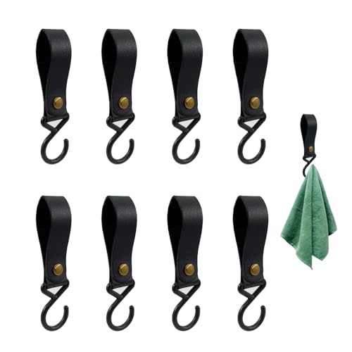 Haken zum Einhängen S Haken mit Lederschlaufe - Kleiderhaken für Stange mit Lederschlaufe, S Haken Schwarz für Kleiderstange, garderobenhaken leder, Kleiderhaken Leder für Küche, Bad, Camping(8 Stk)