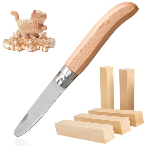 svpfuo 6 Stück Set Schnitzmesser Kinder, Schnitzset Kinder, Kinder Schnitzmesser, Klappbares Messer mit Fünf Schnitzholz Teilen, Geeignet für das Einführungslernen in das Gravieren (A)