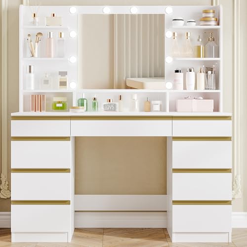 Hzuaneri Schminktisch mit Spiegel und 10 LED-Leuchten,Schminktisch mit 3 Farben, einstellbare Helligkeit, 1 große Schublade und 8 kleine Schubladenschränke, Weiß-Gold DT35703X