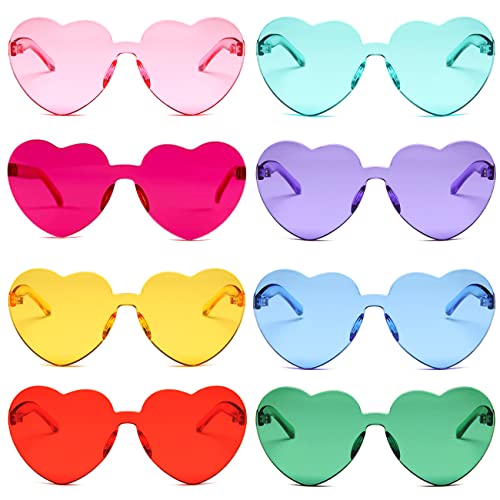 SIMIN 8 Stück Brille Herz Sonnenbrille für Damen, Partybrille Neon Farben Herzform Brille, Herz Hippie Brille Retro Kostüm Brille,Magische Farben Party Brille,Transparente Bunte Herzform Sonnenbrille