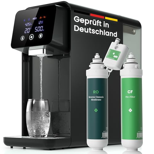 Neu HO3® Home One Auftisch Osmoseanlage für Trinkwasser mit 4 Temperaturstufen (RT, 50, 85, 95°C), 5 Stufen Wasserausgabe, mit Echtzeit TDS, MicroShield Filtertechnologie, Wasserfilter (Schwarz)