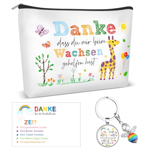 HAOWANWW Lehrer Abschiedsgeschenke Kleine Menschen brauchen so große Herzen wie dein Schlüsselanhänger mit Perlenengel und Kosmetiktasche Dankeschön Geschenk für Lehrer Tagesmutter Kinderzimmer