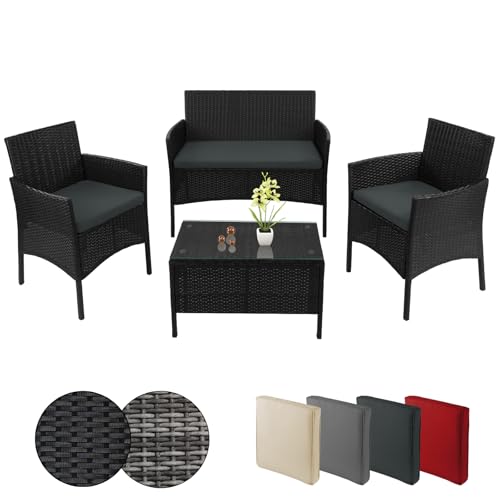 BB Sport Poly Rattan Sitzgruppe 4 Personen Tisch 2 Stühle Sitzbank 5cm Dicke Sitzpolster Balkonmöbel Set Sitzgarnitur Balkon Terrasse Garten Outdoor, Farbe:Titan-Schwarz/Nachtschwärmergrau