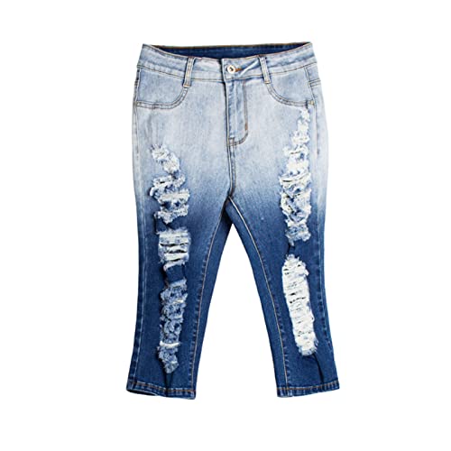 Generic Skinny Stretch Jeans Shorts FüR Damen Zerrissene Distressed Pull-On Bermuda Denim Shorts Fitted Rips Knielange Shorts Jeans (L,Blau)