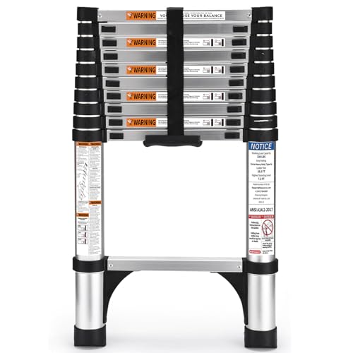 HBTower Leichte Ausziehleiter, 3,2m Teleskopleiter mit rutschfesten Füßen, Leiter Ausziehbar, klappbare Leiter für Dachböden, Caravans,Hergestellt aus hochfestem Aluminium,150 kg Tragfähigkeit.Silber