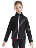 FEESHOW Kinder Mädchen Eiskunstlauf Jacke Mit Glitzer Strasssteinen Langarm Stehkragen Sportjacke Sim Fit Eislauf Training Tanz Kleidung Schwarz 158-164