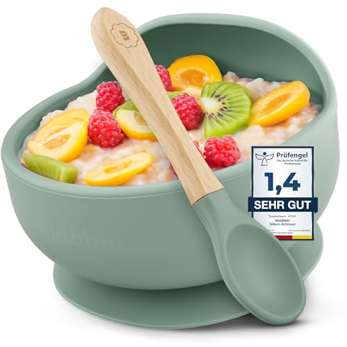 MiaBino Silikon Bowl Spoon Set mit Rutschfestem Saugnapf und Löffel, Kinderschüssel Baby Breischale, BPA-frei, Spülmaschinen- und Mikrowellenfest, Sicher & Hochwertig (Sage)